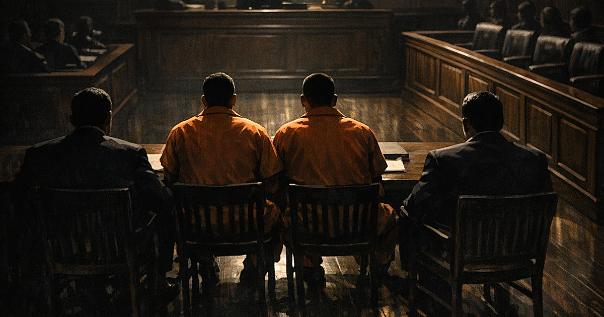 Two figures in orange jumpsuits seated at courtroom table, viewed from behind in dramatically lit federal courtroom