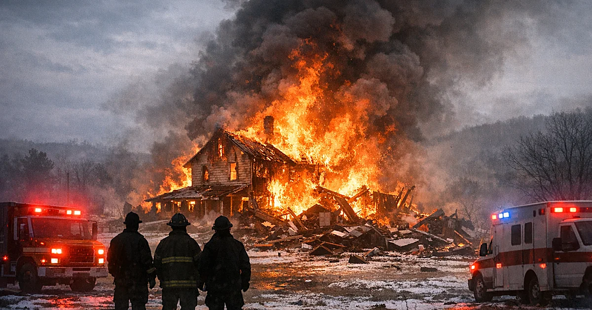 Rural farmhouse engulfed in flames with emergency responders silhouetted in foreground watching the fire