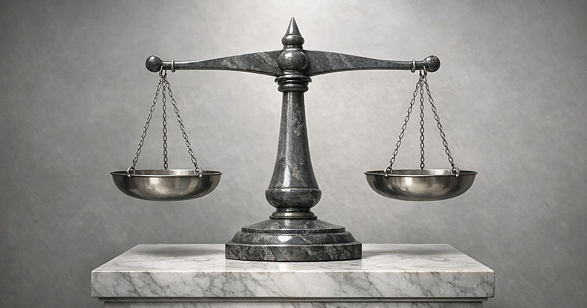 Stone balance scales on marble pedestal with soft overhead lighting