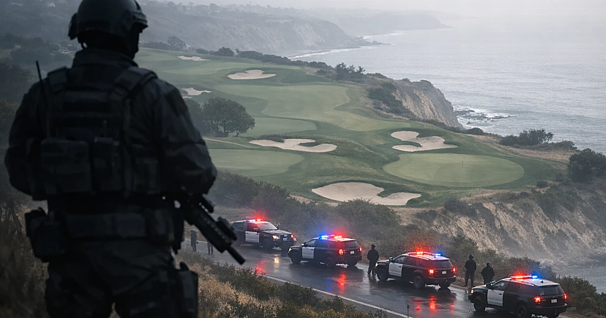Silhouetted armed figure on hillside above golf course with emergency vehicles on road below