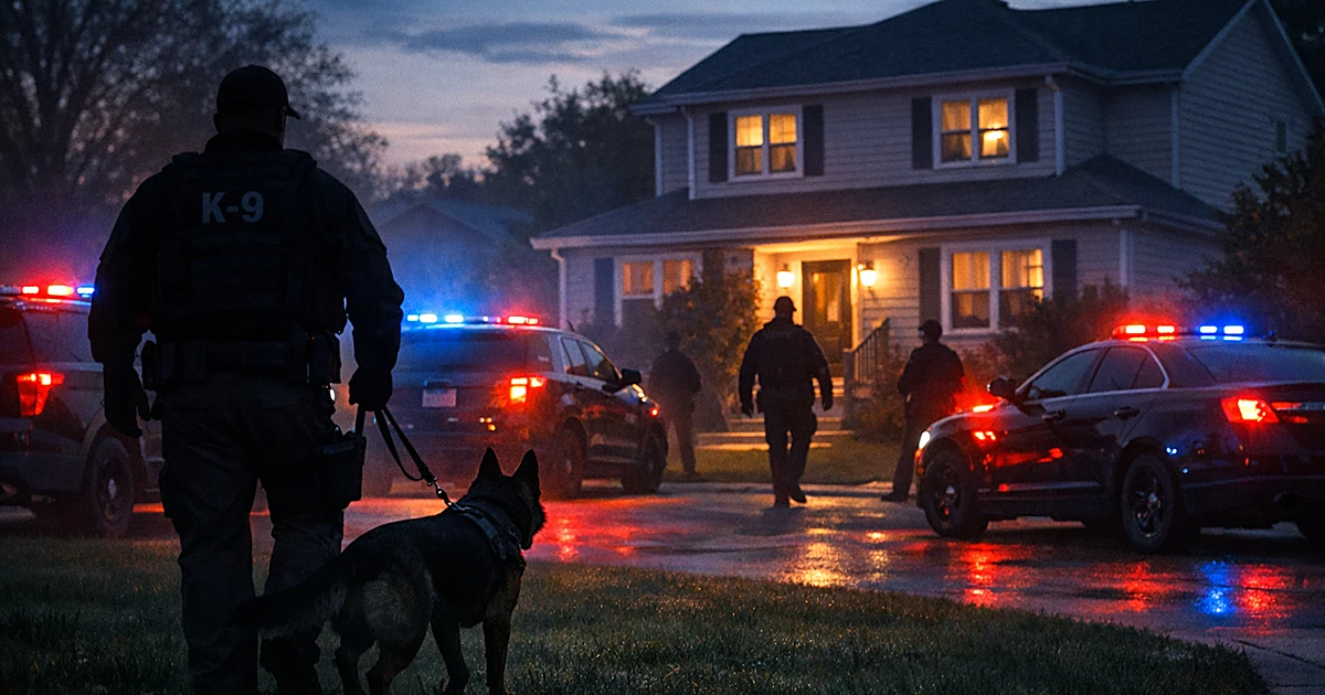 Police vehicles with flashing lights surround a suburban home as officers and K-9 unit conduct investigation