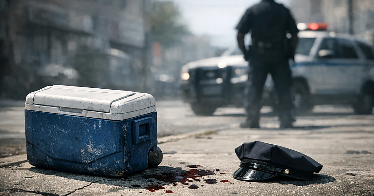 A cooler and police cap on a sidewalk with an officer silhouette in the background beside a patrol vehicle