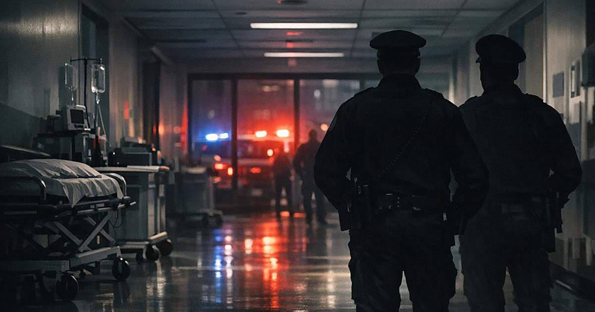 Hospital corridor with police officer silhouettes and emergency lights glowing through windows