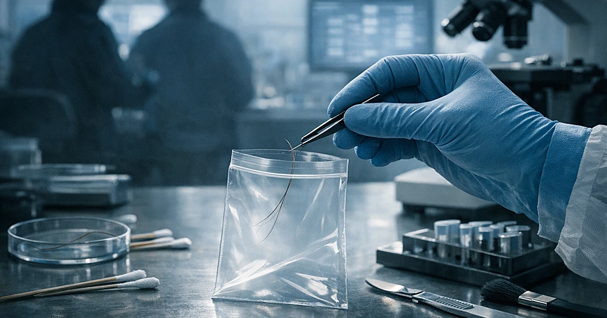Gloved hand placing hair sample into evidence bag on laboratory surface with forensic equipment