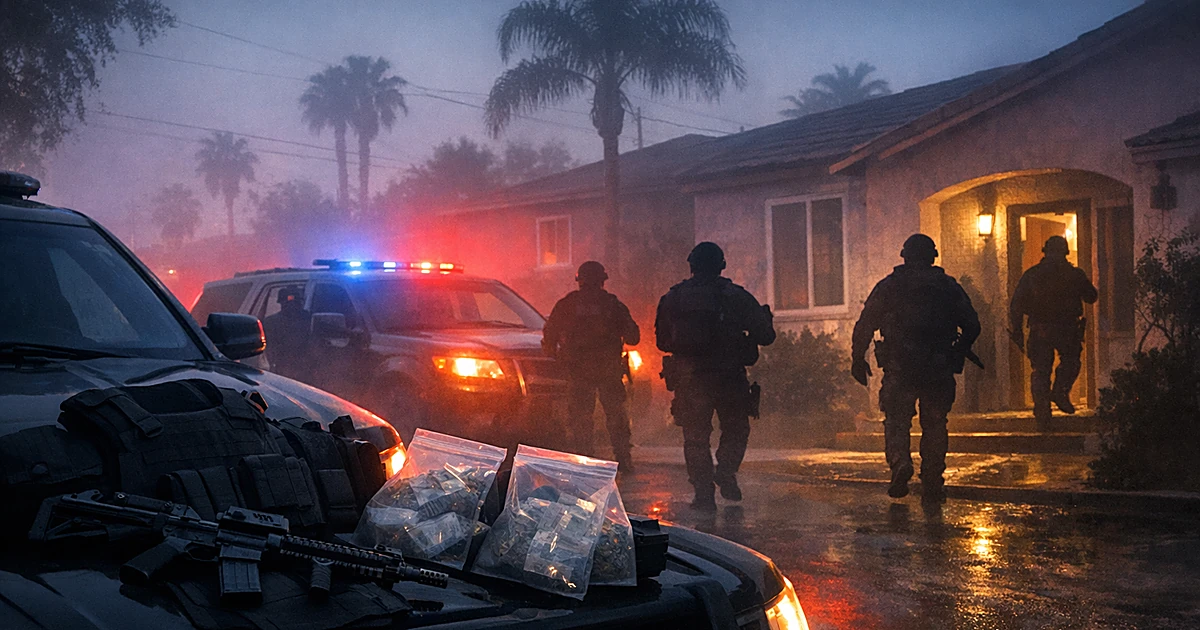 Silhouetted law enforcement figures conducting predawn raid on residential street with emergency vehicle lights