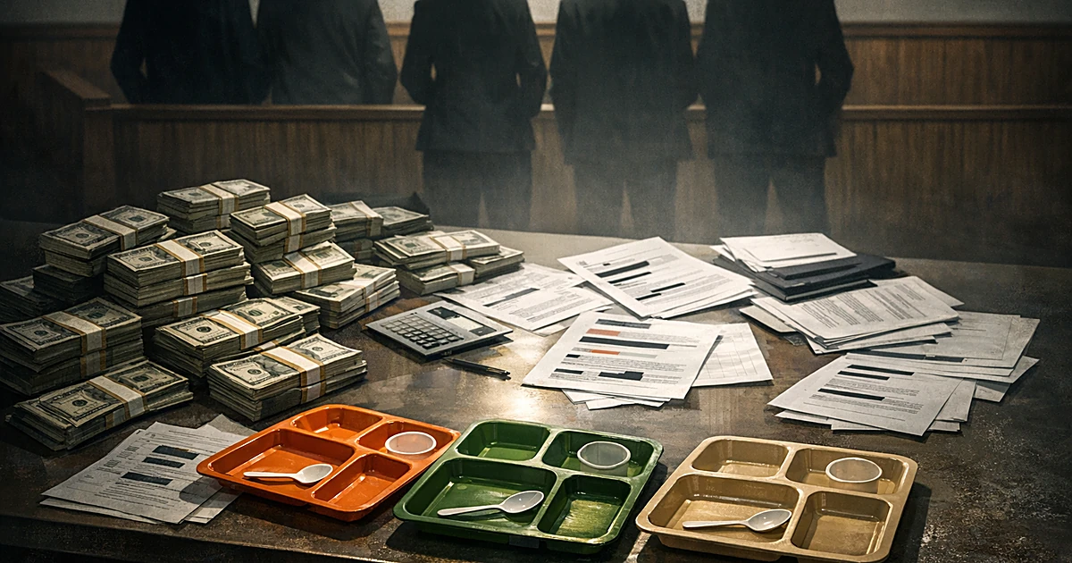Overhead view of table with money stacks and empty lunch trays, silhouetted figures in background near courtroom barrier
