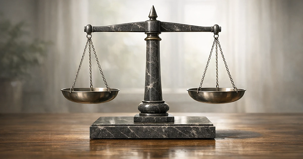 Abstract stone scales of justice on wooden surface with soft natural lighting