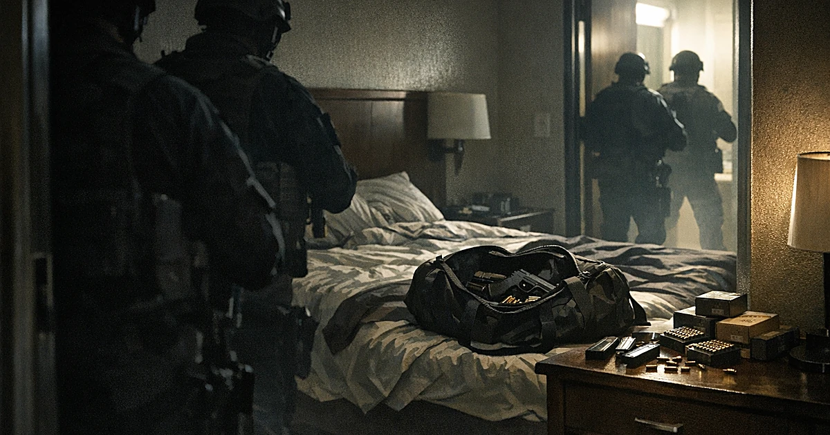 Hotel room with open duffel bag and ammunition boxes as law enforcement silhouettes enter through doorway