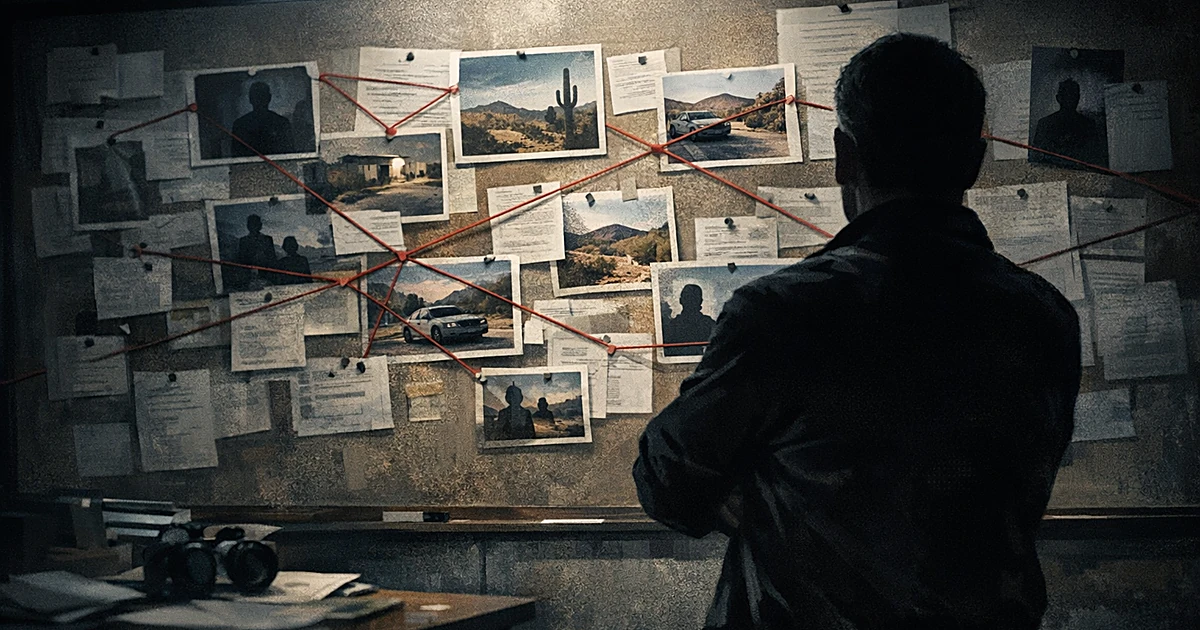 Silhouetted investigator studying evidence board with connected documents and photos in dimly lit room