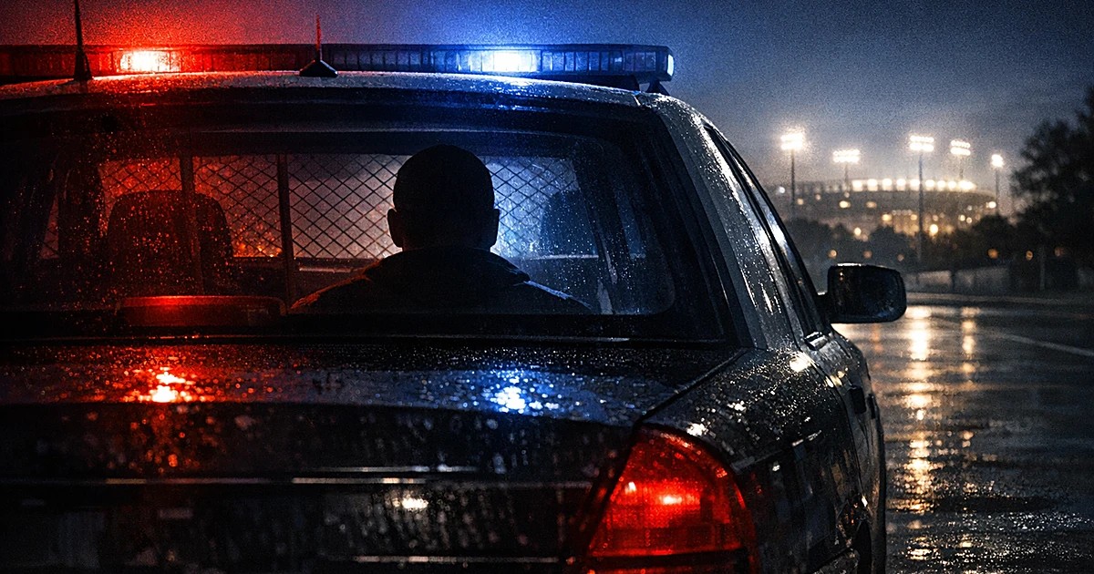 Silhouette in police car at night with emergency lights, stadium lights visible in distance