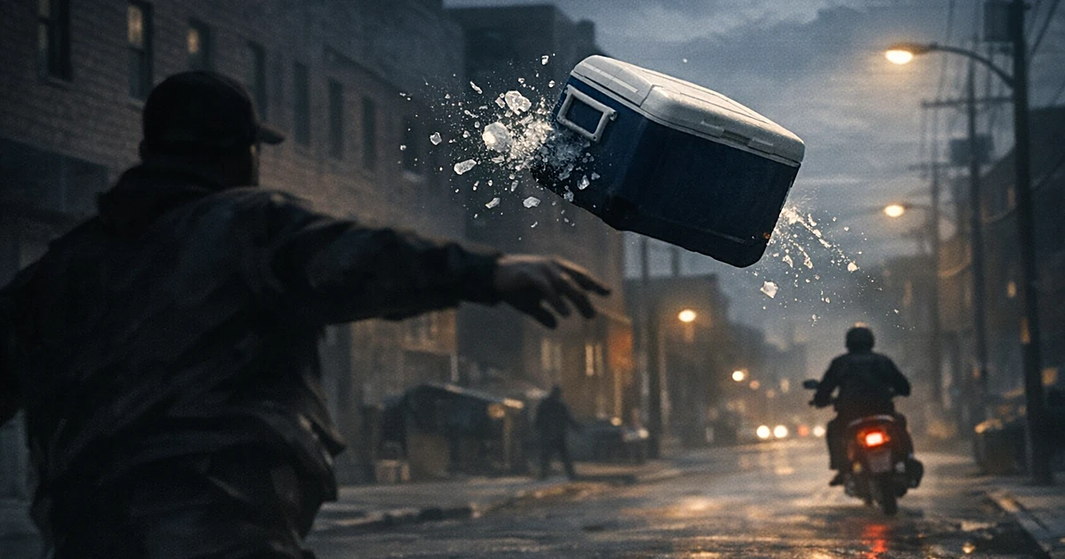 Silhouette throwing cooler at distant scooter on dark urban street with ice spilling mid-air