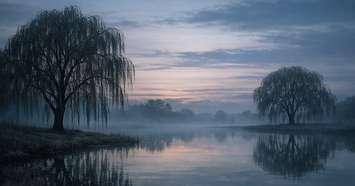 Two willow trees beside calm water at dusk with soft mist and gentle lighting