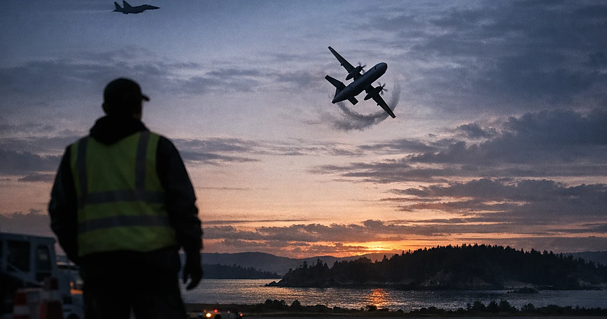 Silhouette of turboprop plane performing barrel roll over water as ground worker watches from airport tarmac