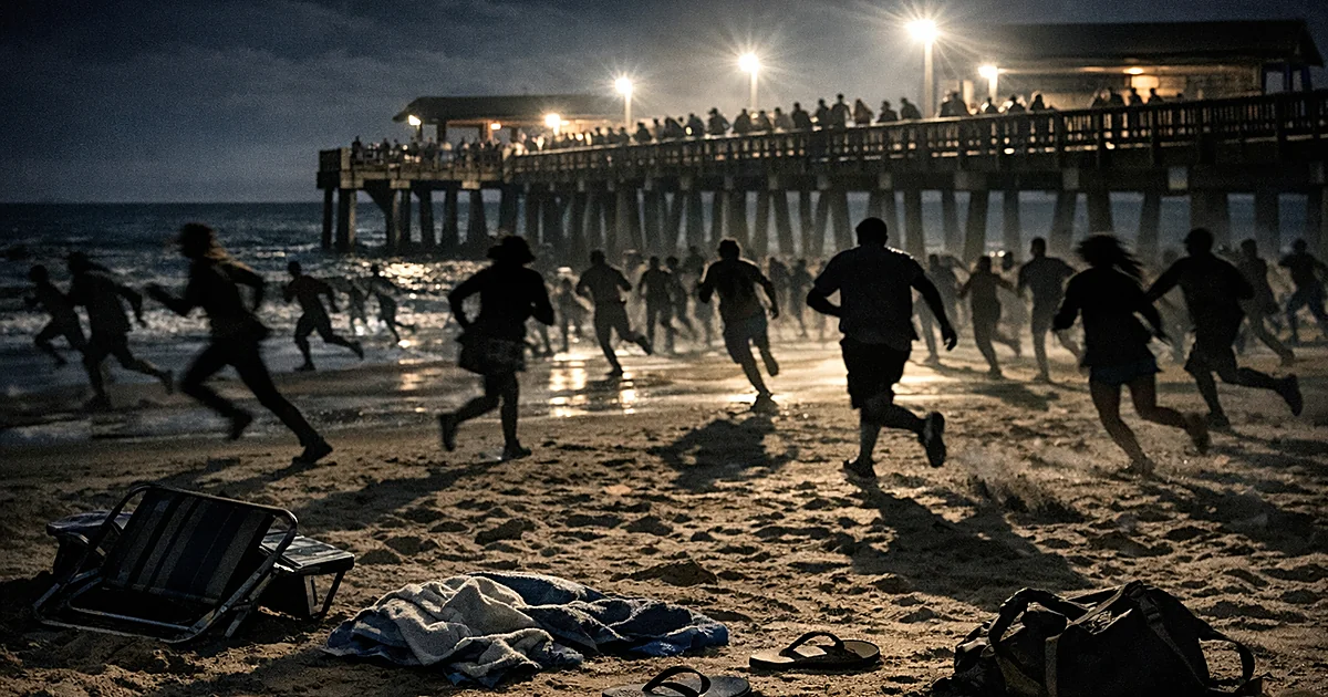 Silhouettes of people fleeing across a beach at night near a pier with abandoned belongings scattered on the sand