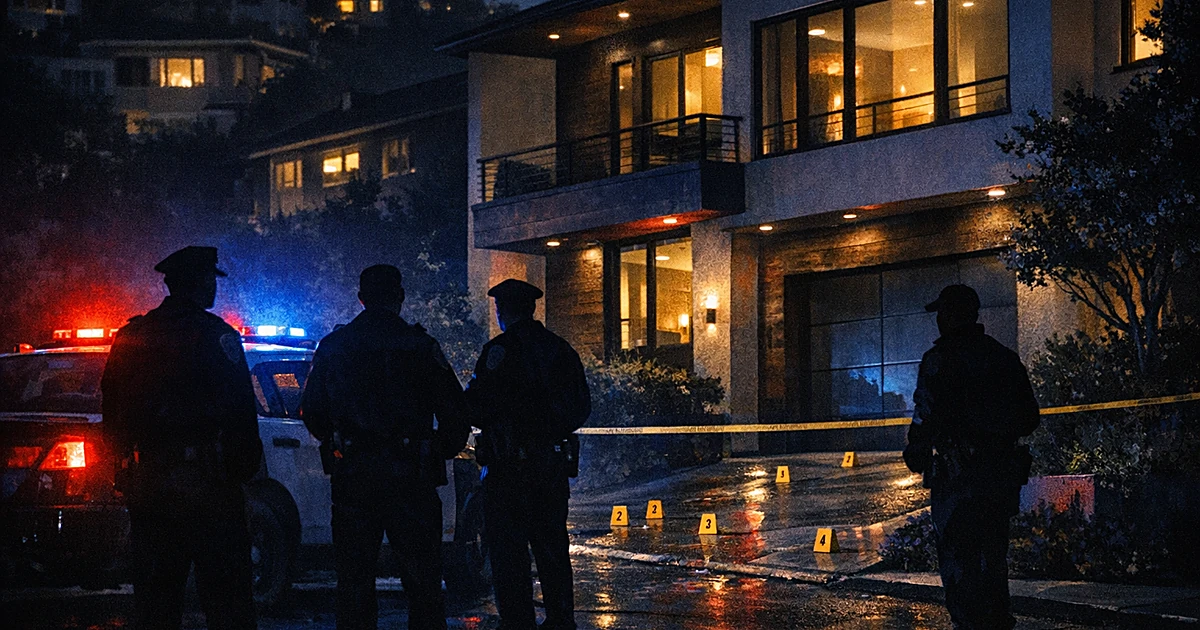 Police lights illuminate a San Francisco home at night with officer silhouettes investigating a crime scene