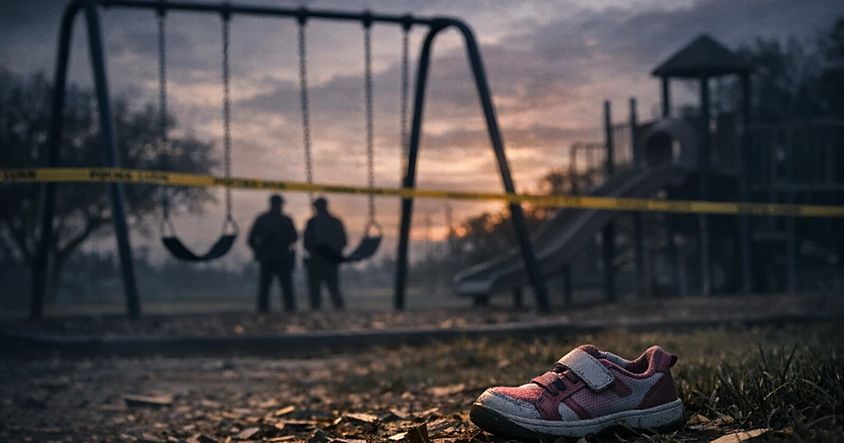 Empty playground at dusk with abandoned shoe and police tape, depicting aftermath of park attack