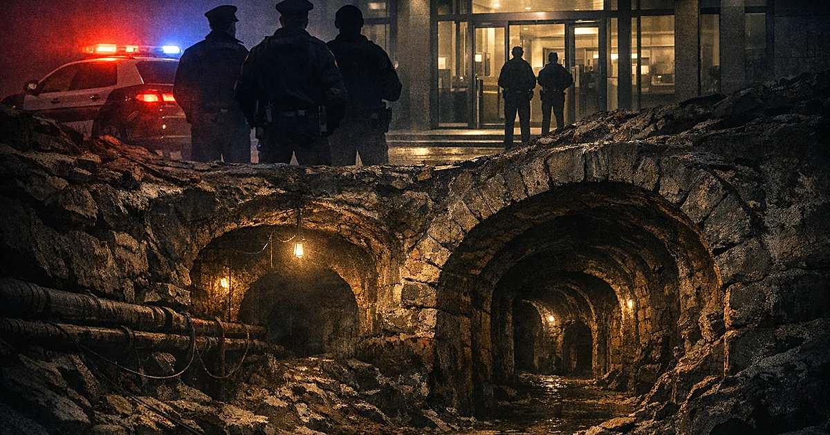 Underground tunnel entrance beneath a bank building with police silhouettes and emergency lights above ground