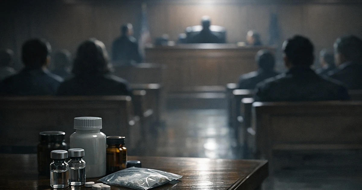 Courtroom scene with silhouetted figures and pharmaceutical vials displayed as evidence on table in foreground