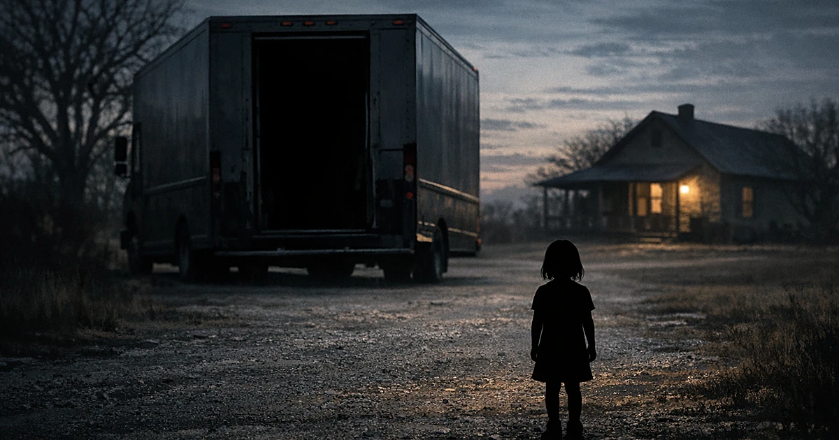 Silhouette of child facing delivery truck in rural driveway at dusk