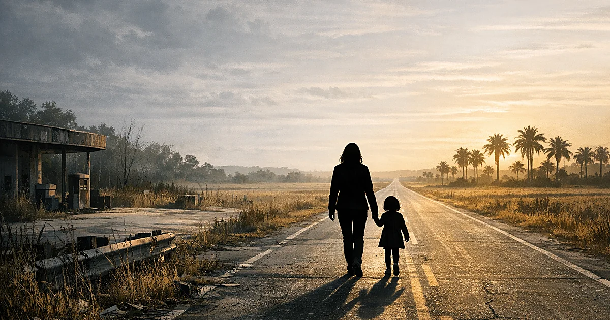 Silhouetted woman and child walking away on highway between Kentucky landscape and Florida palm trees