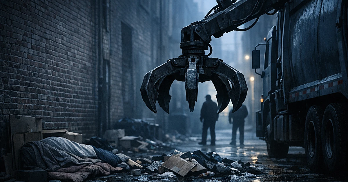 Dark alley with garbage truck's mechanical claw extended near makeshift shelter of cardboard and blankets
