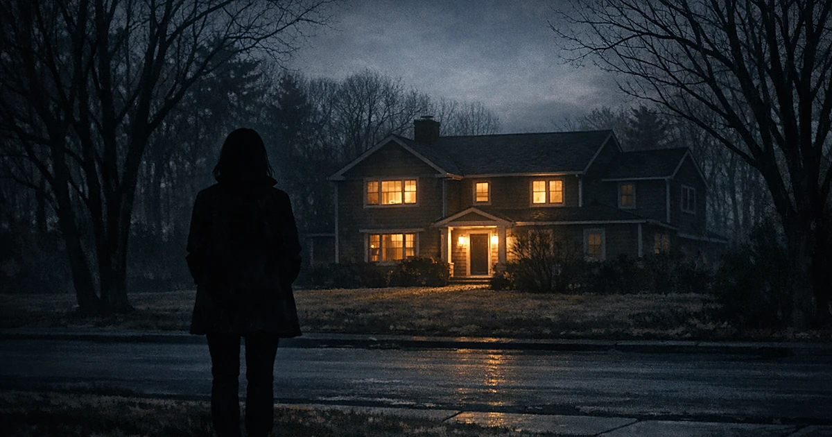 Silhouetted figure facing a lit suburban house at dusk with bare trees lining an empty street