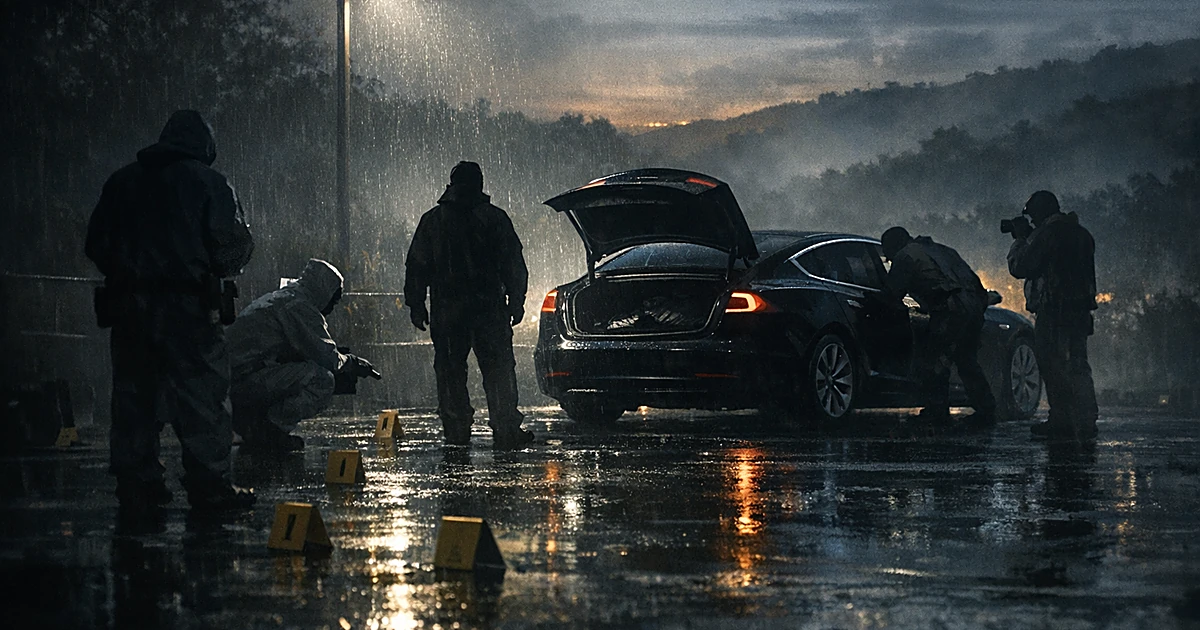 Tesla sedan with open trunk surrounded by silhouetted investigators in protective suits at a crime scene in the hills