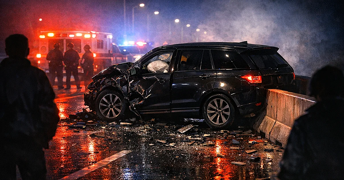 Damaged SUV against highway barrier at night with emergency lights reflecting on pavement and scattered debris