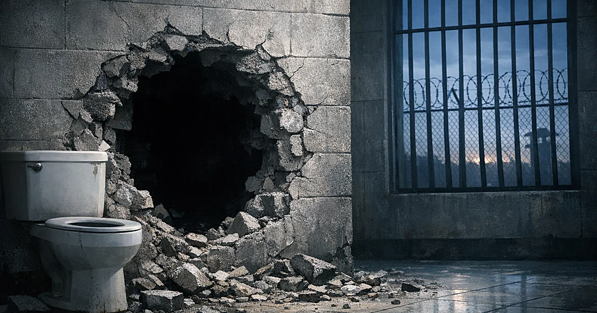 Broken hole in jail bathroom wall behind toilet with barbed wire fence visible through window