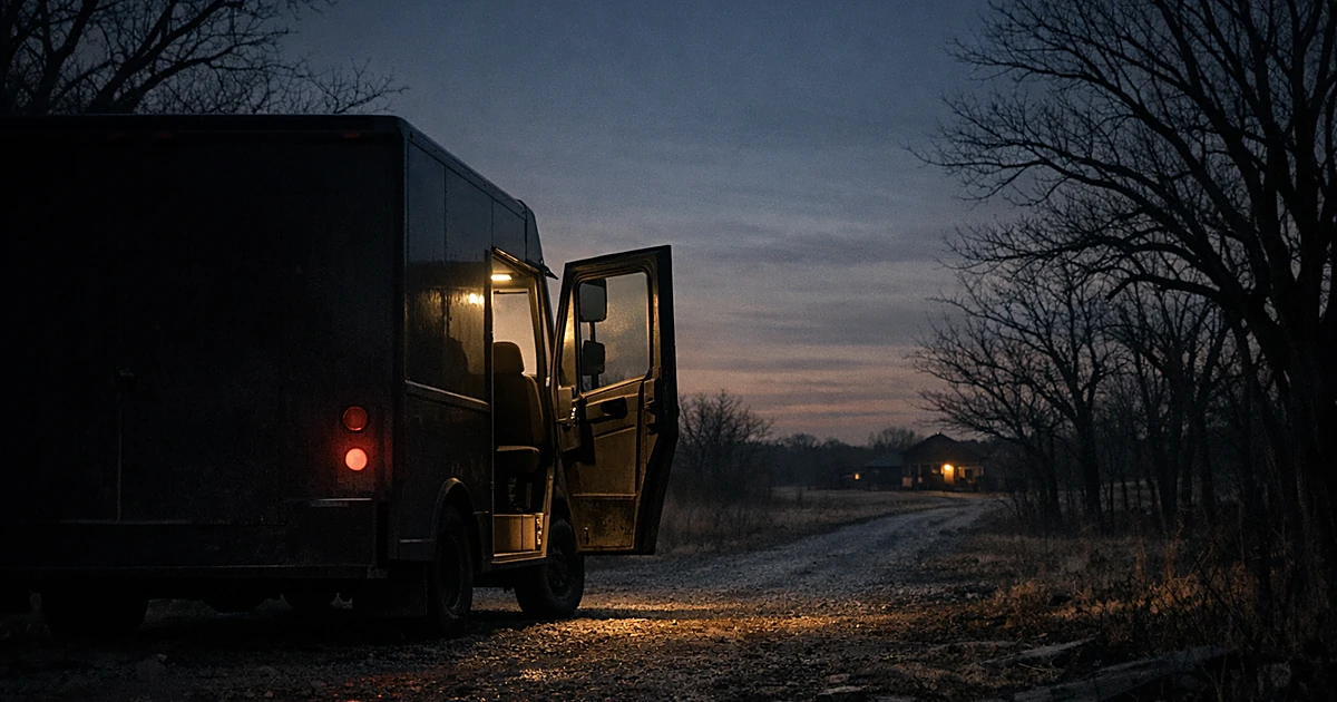 Silhouette of delivery truck with open door on isolated rural road at dusk with bare trees in background