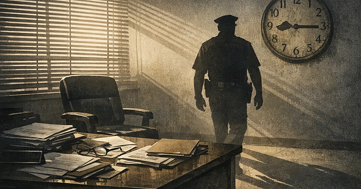Silhouetted officer walking away from desk with documents in shadowy office with venetian blinds
