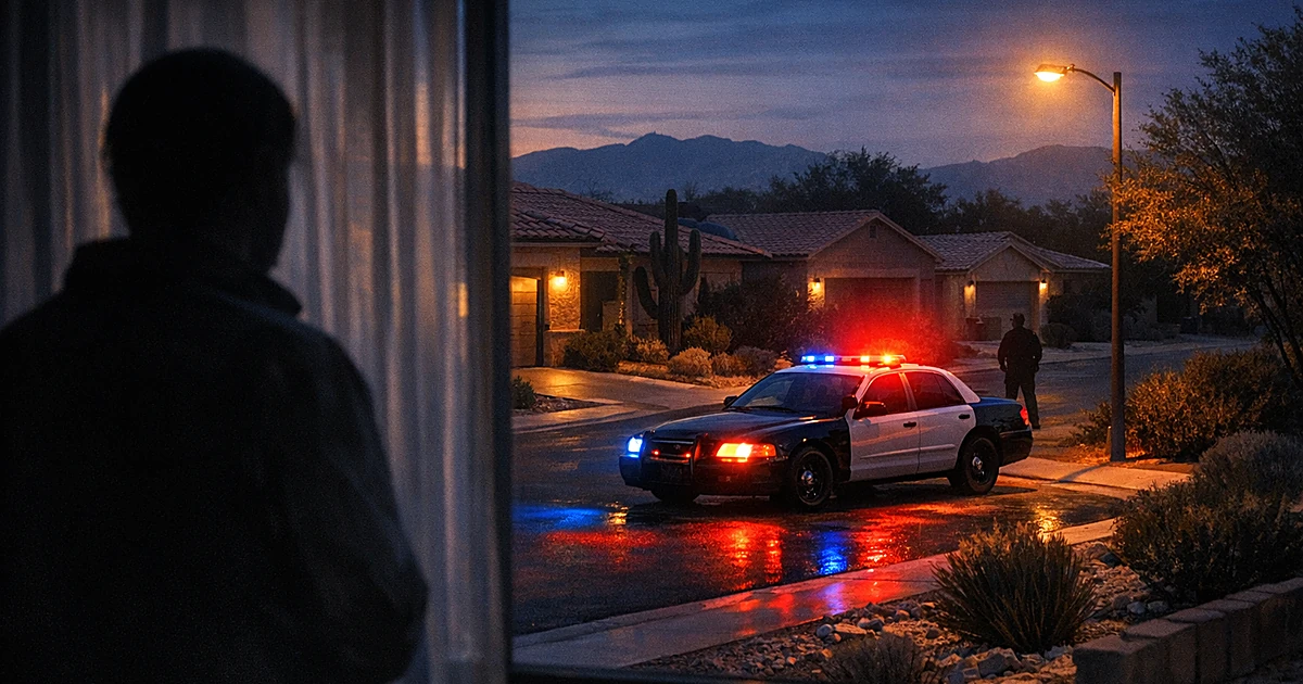 Police car parked on suburban street at dusk with silhouette watching from window, desert landscaping visible