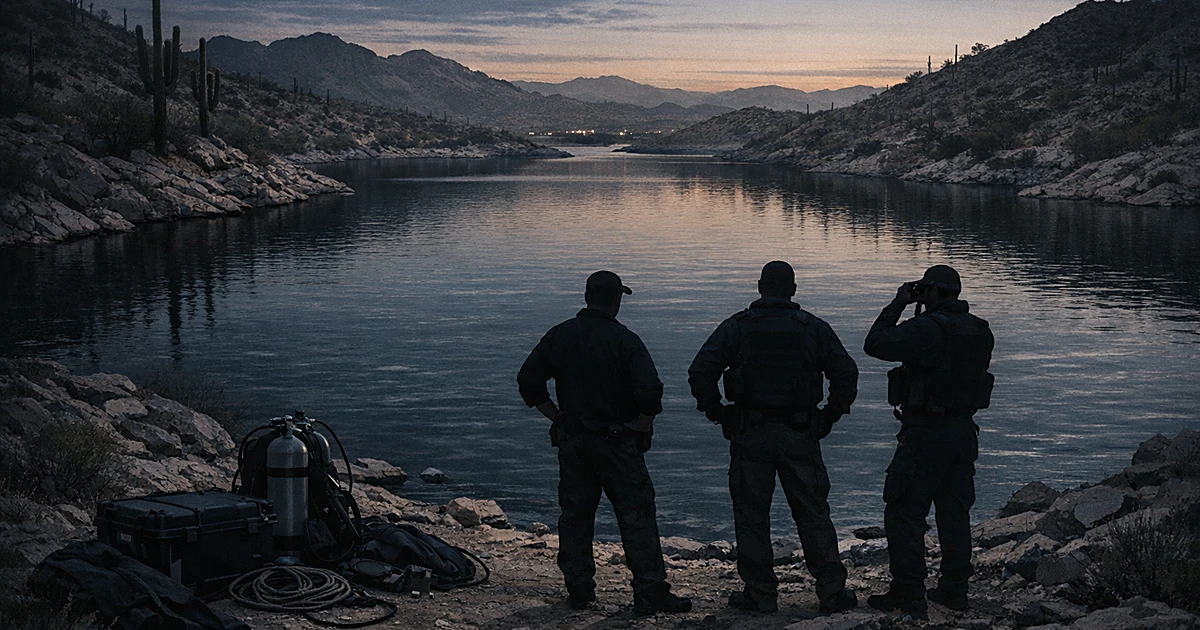Aerial view of desert reservoir with investigator silhouettes at water's edge surrounded by Arizona landscape