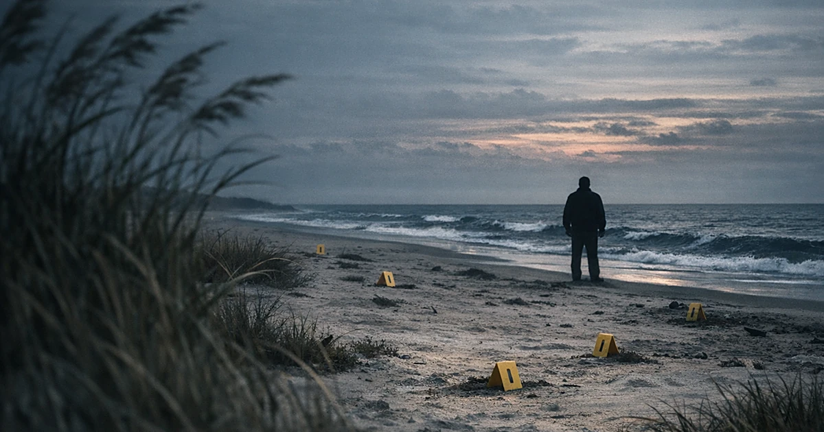 Desolate beach at dusk with evidence markers in sand and distant silhouette figure facing ocean