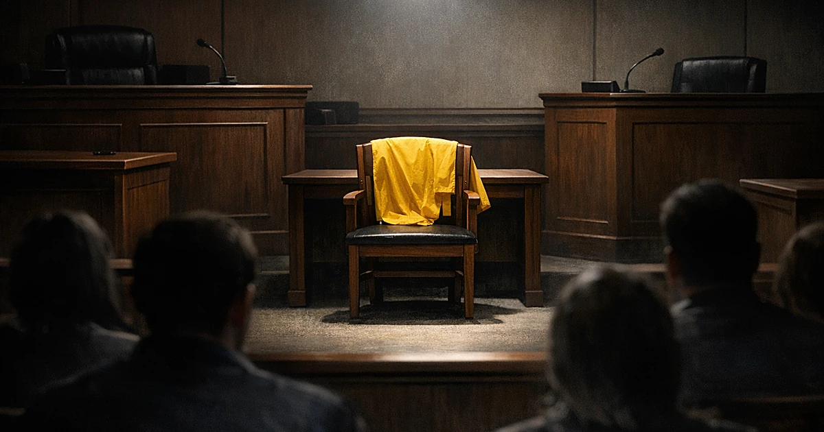 Empty courtroom defendant chair with yellow jumpsuit, viewed from behind silhouetted observers in dramatic lighting
