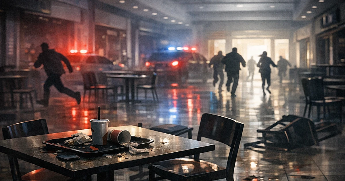 Empty mall food court with overturned furniture and silhouettes fleeing toward exits under emergency lighting