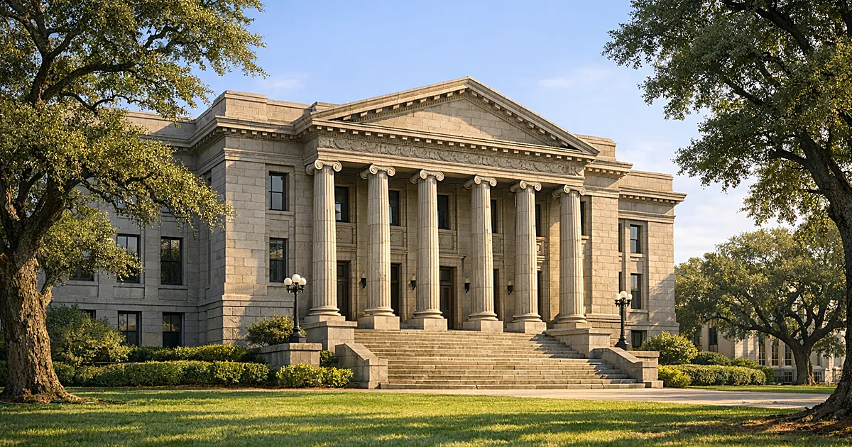 Classical courthouse building with columns under blue sky representing justice and legal system