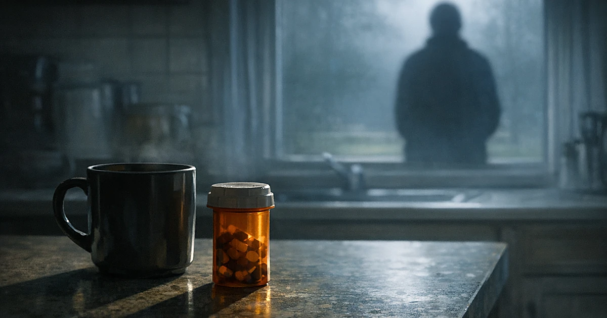Coffee mug and pill bottle on kitchen counter with silhouette visible through window in dim morning light