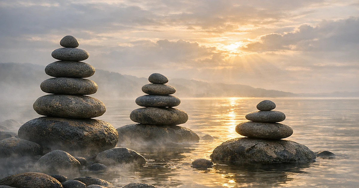 Three balanced stone cairns on peaceful shoreline with soft dawn light and calm waters