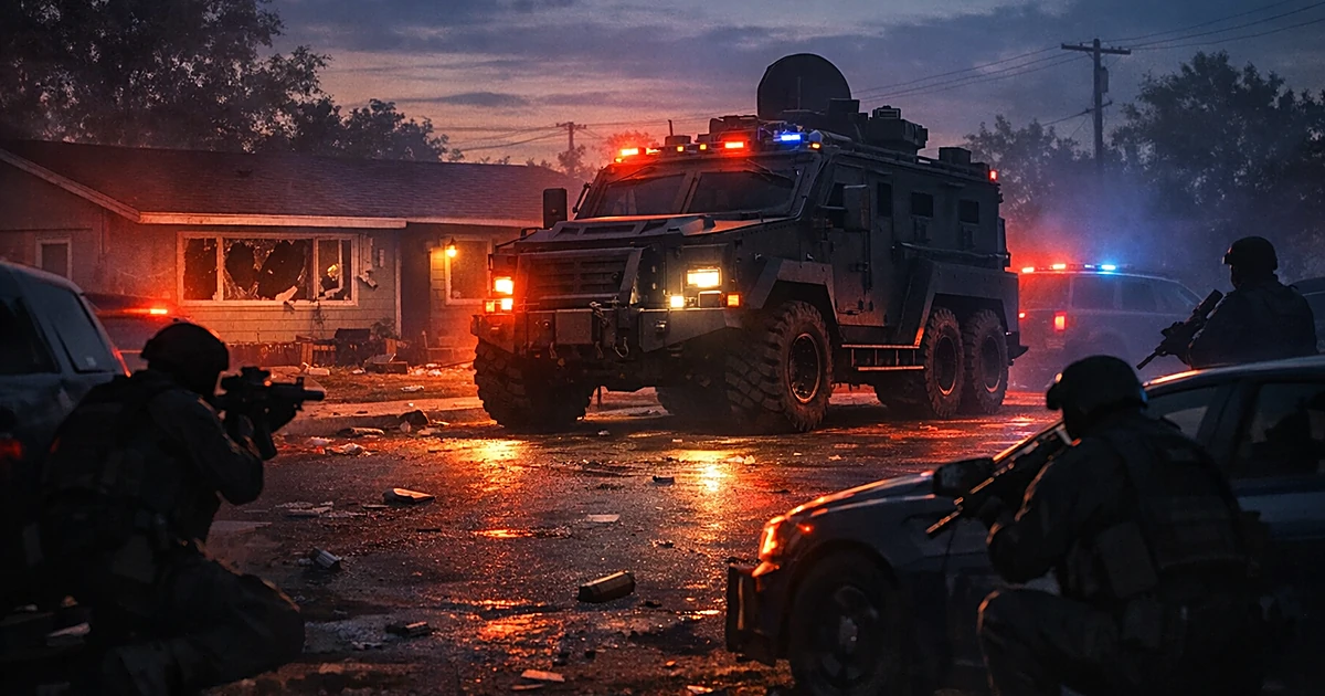 Armored SWAT vehicle and law enforcement silhouettes positioned outside house during standoff at dusk