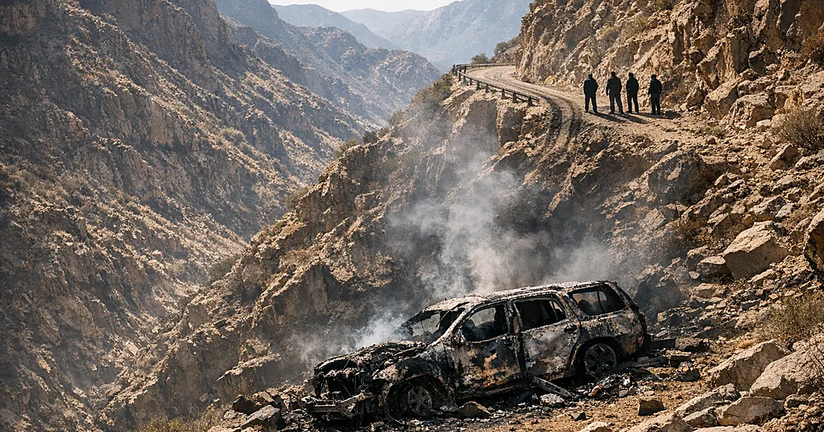Crashed vehicle wreckage at bottom of mountain ravine with smoke rising in rugged terrain
