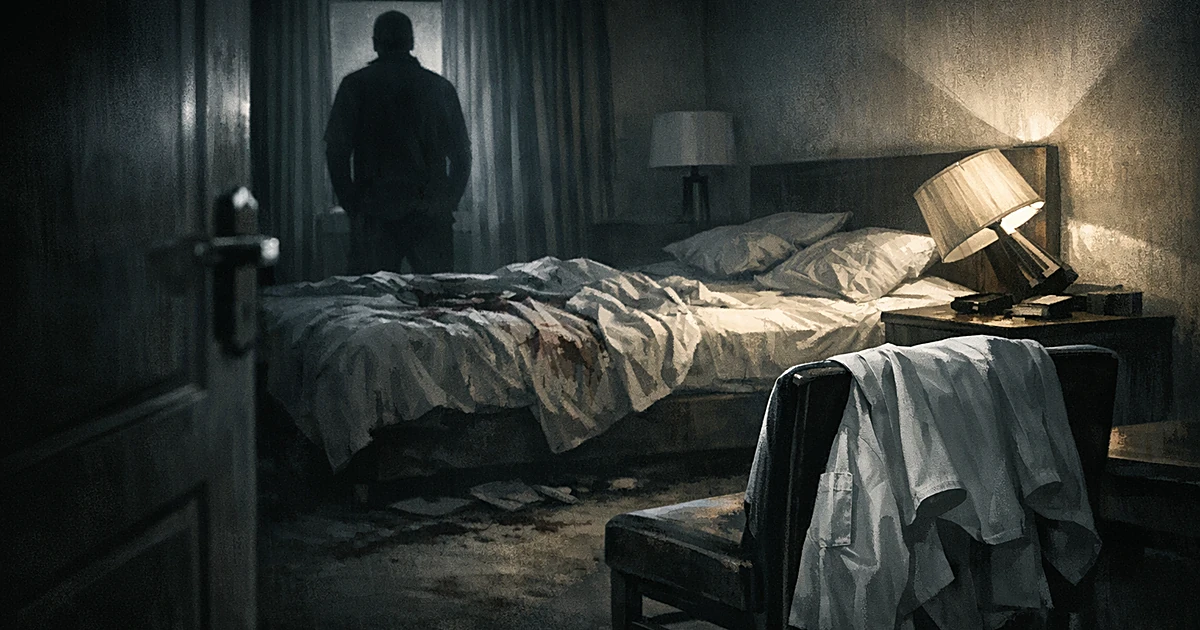 Dark hotel room with unmade bed, fallen lamp, and chef's coat on chair suggesting scene of violent crime