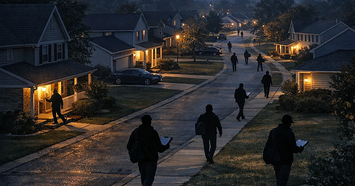 Aerial view of silhouetted canvassers walking door-to-door through suburban neighborhood streets at dusk