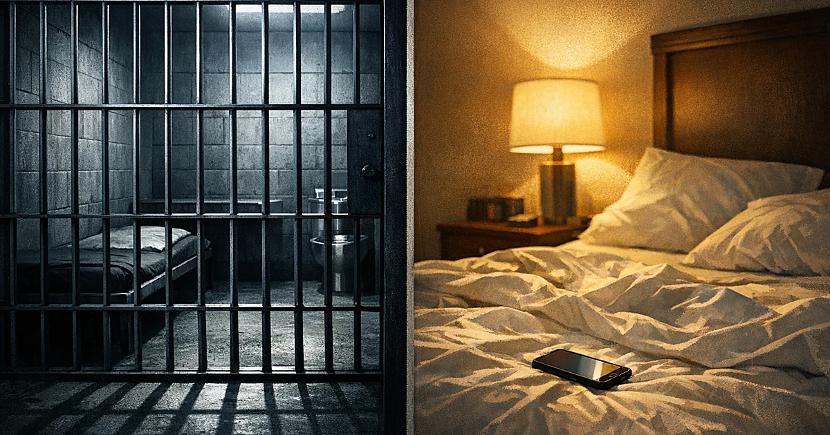 Split view of empty jail cell with metal bars on left and hotel room with unmade bed and phone on right