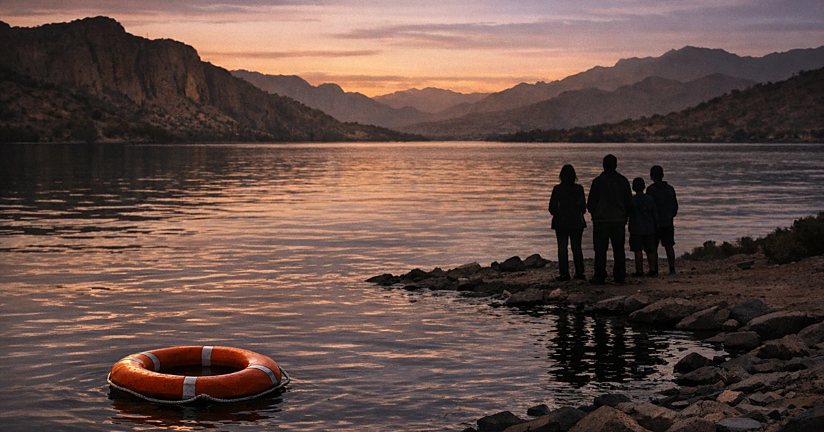 Life preserver floating on desert lake at dusk with distant silhouettes on shore and Arizona mountains in background