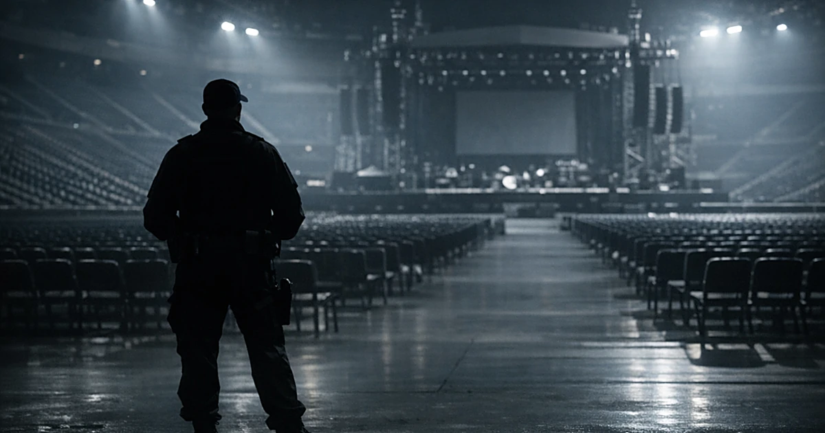 Empty concert stadium with lone security guard silhouette standing before vacant stage in dim lighting