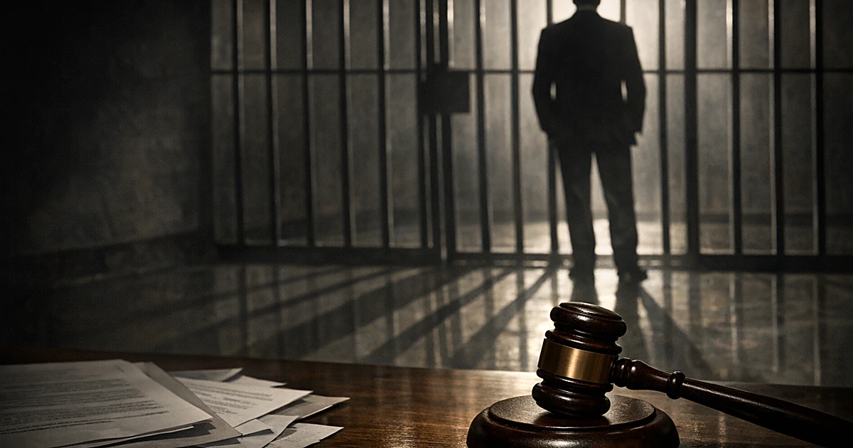 Silhouetted businessman behind prison bars with gavel and legal documents in foreground