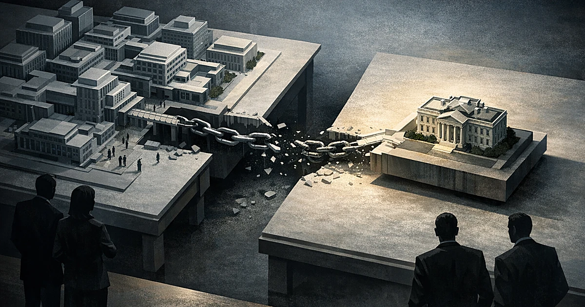 Architectural model showing a building being separated from a larger complex of structures with breaking connections