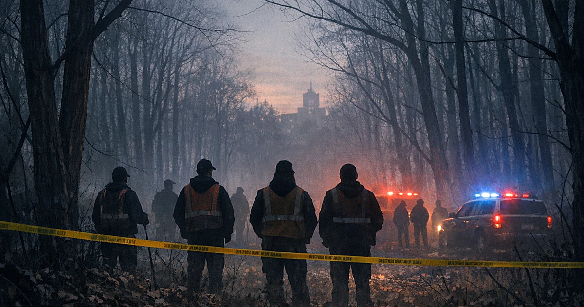 Silhouetted search volunteers at forest edge with emergency lights glowing through morning mist near campus