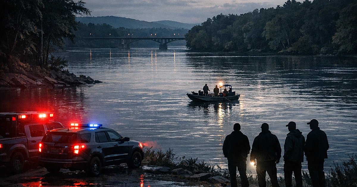 Emergency vehicles with flashing lights parked along Connecticut River shoreline at dusk with silhouetted figures